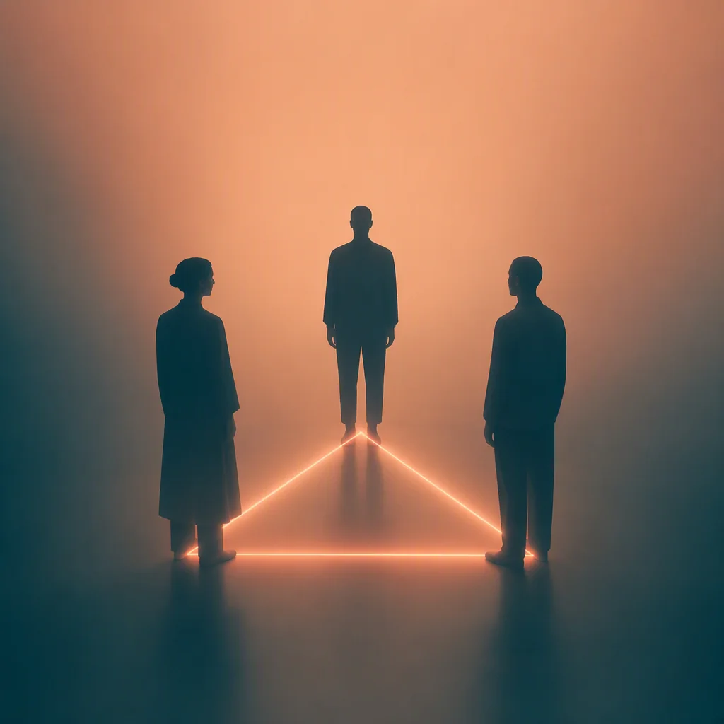 Three silhouettes connected in an equal triangle representing balanced polyamory