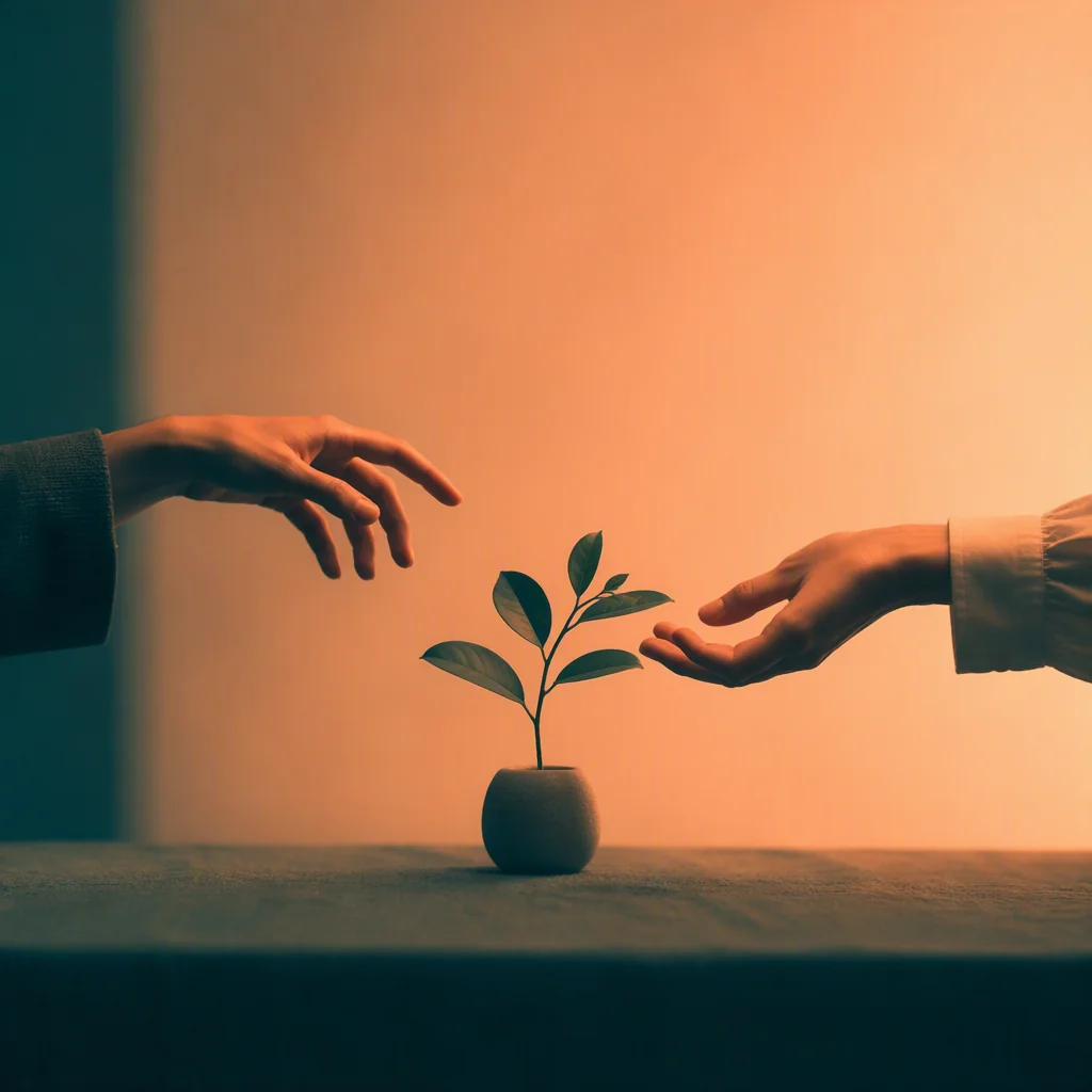 Two hands reaching across a table with a plant representing healthy connection