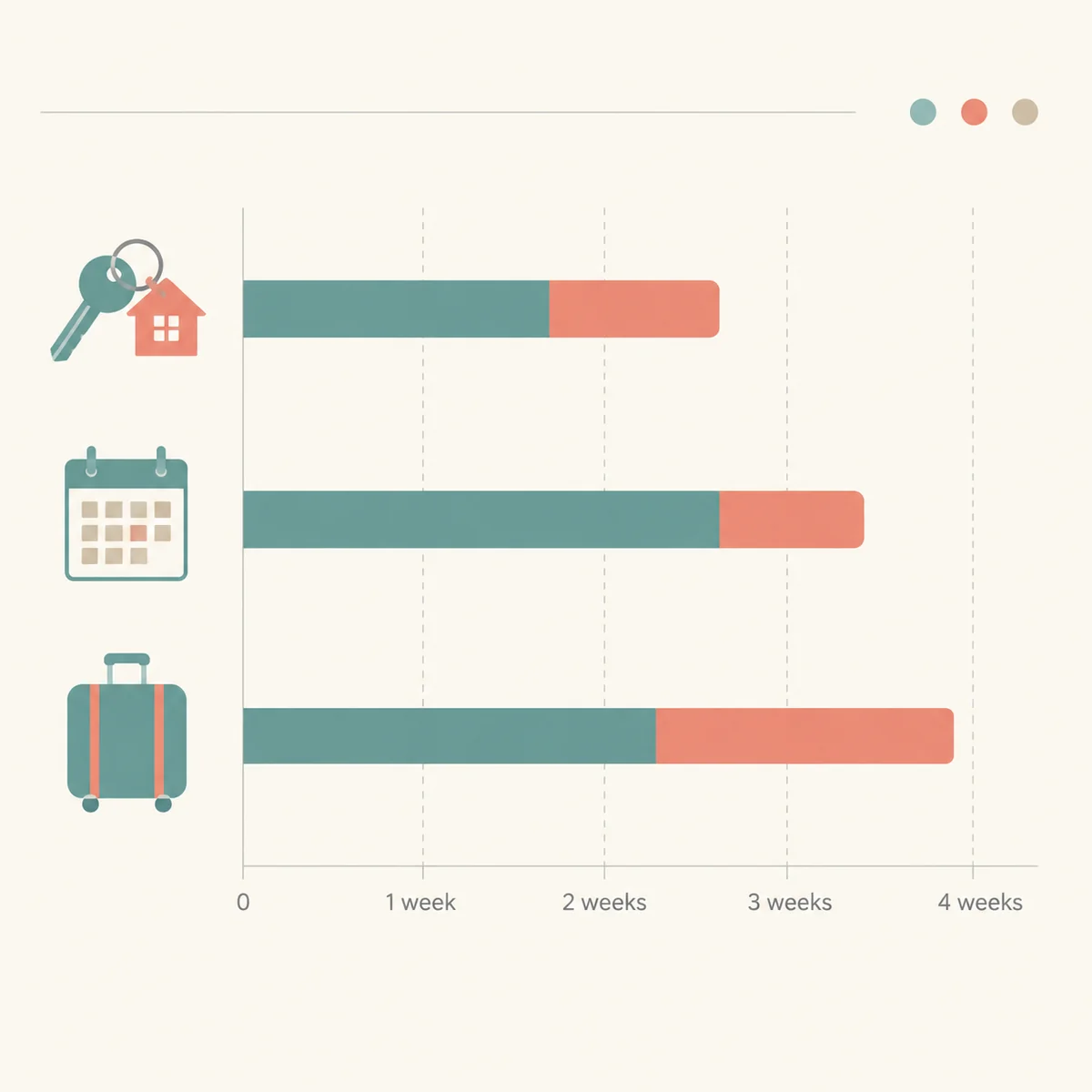 Editorial infographic illustration about relocating with multiple partners: a moving timeline with three horizontal bars of different lengths on a soft cream background, muted teal and coral segments, small flat icons of a key, calendar and suitcase