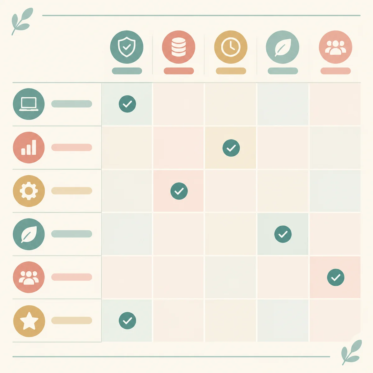 Flat infographic illustration of a decision matrix grid with rows and columns of soft pastel cells and a few highlighted in teal, small circular icons, thin ruled lines on cream