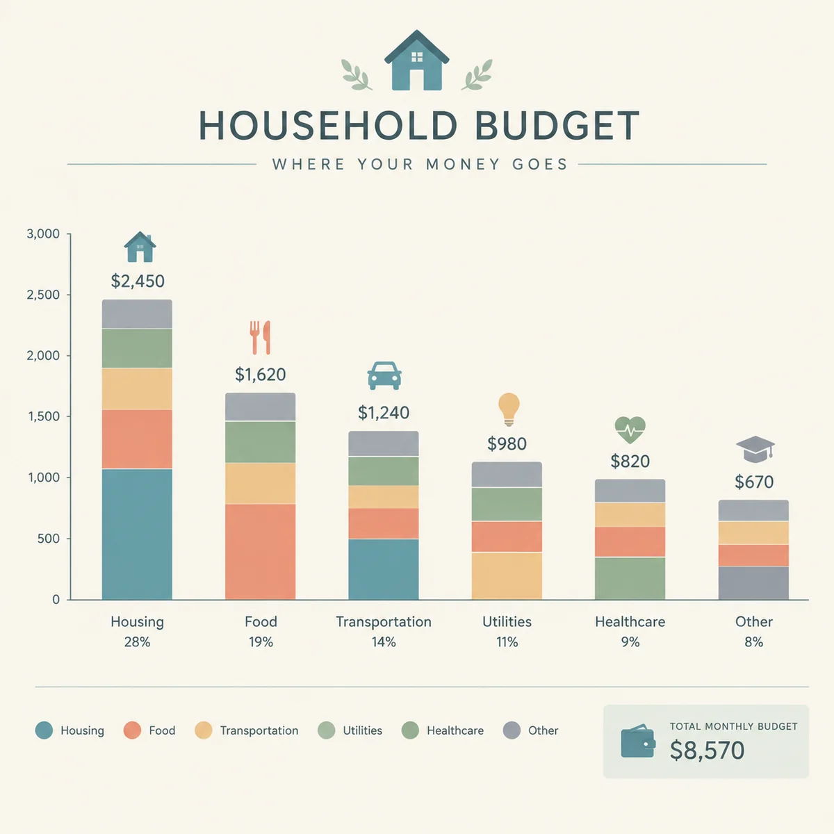 Editorial infographic panel showing a stacked bar chart of a household budget split into muted pastel categories with tiny flat icons above each bar on a soft cream background