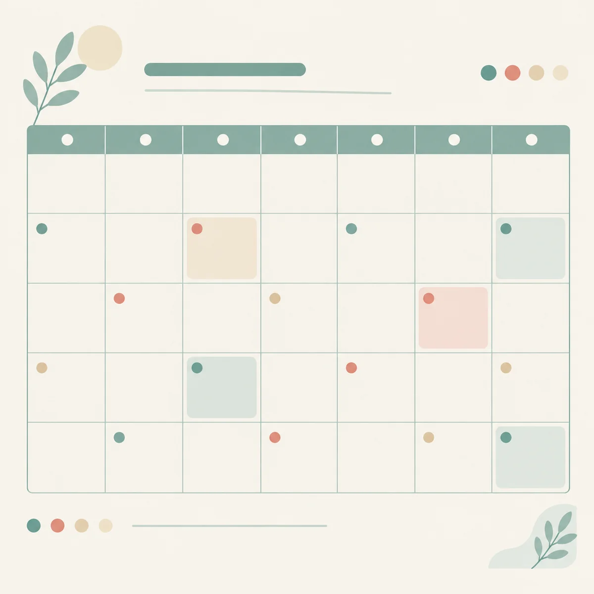 Flat infographic illustration of a weekly calendar grid with a few highlighted squares and small circle markers in muted teal and sand on cream, thin ruled grid