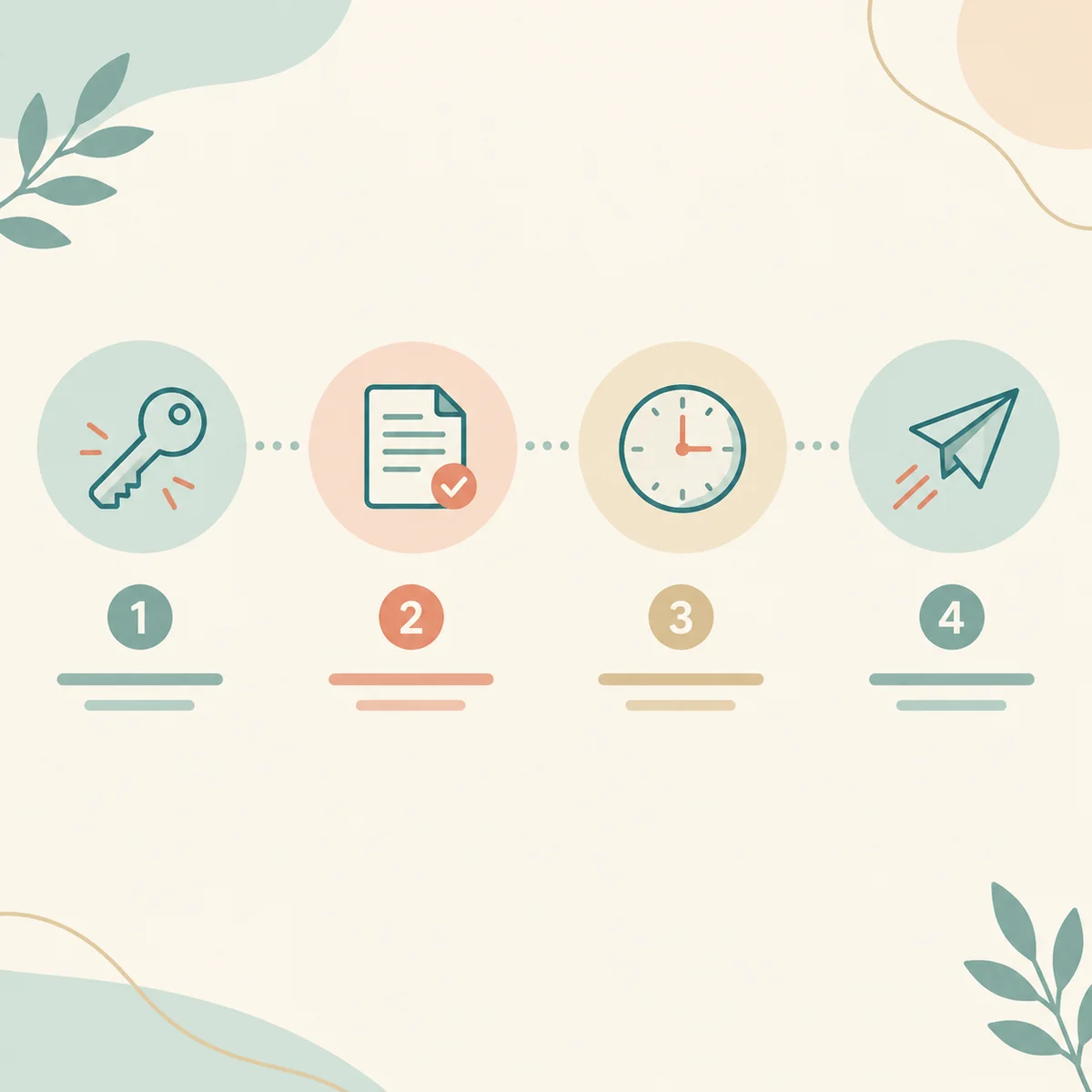 Flat editorial infographic with four numbered circular steps connected by a dotted line, each circle holding a simple line icon of a key, a document, a clock and a paper plane, muted coral and teal on soft cream