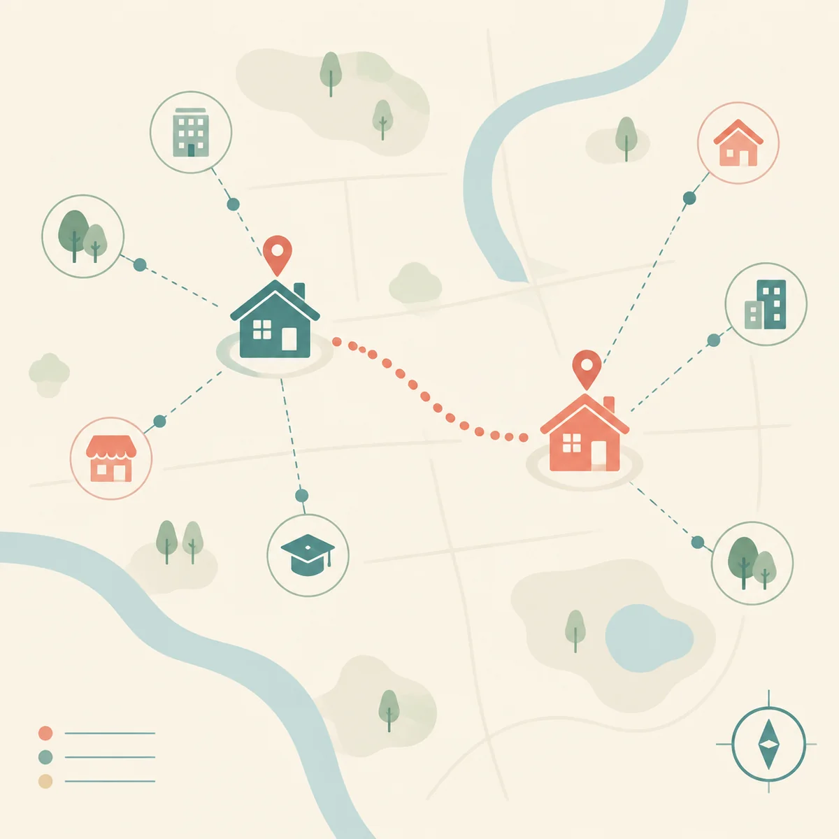 Infographic illustration of a simple route map with a dotted line between two house icons and several smaller connector dots fanned out around them, muted teal and coral on soft cream, flat chart aesthetic, no readable text