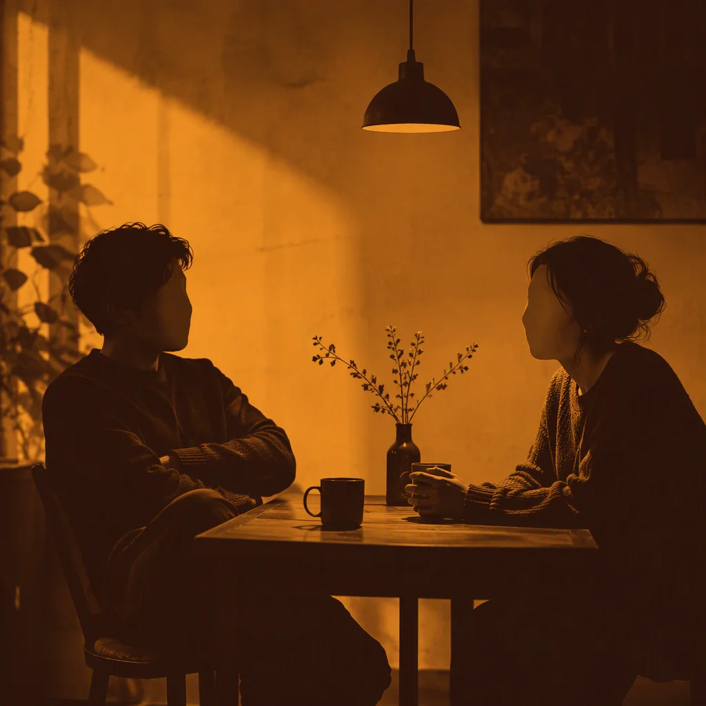 Two adults talking carefully across a small table with space between them