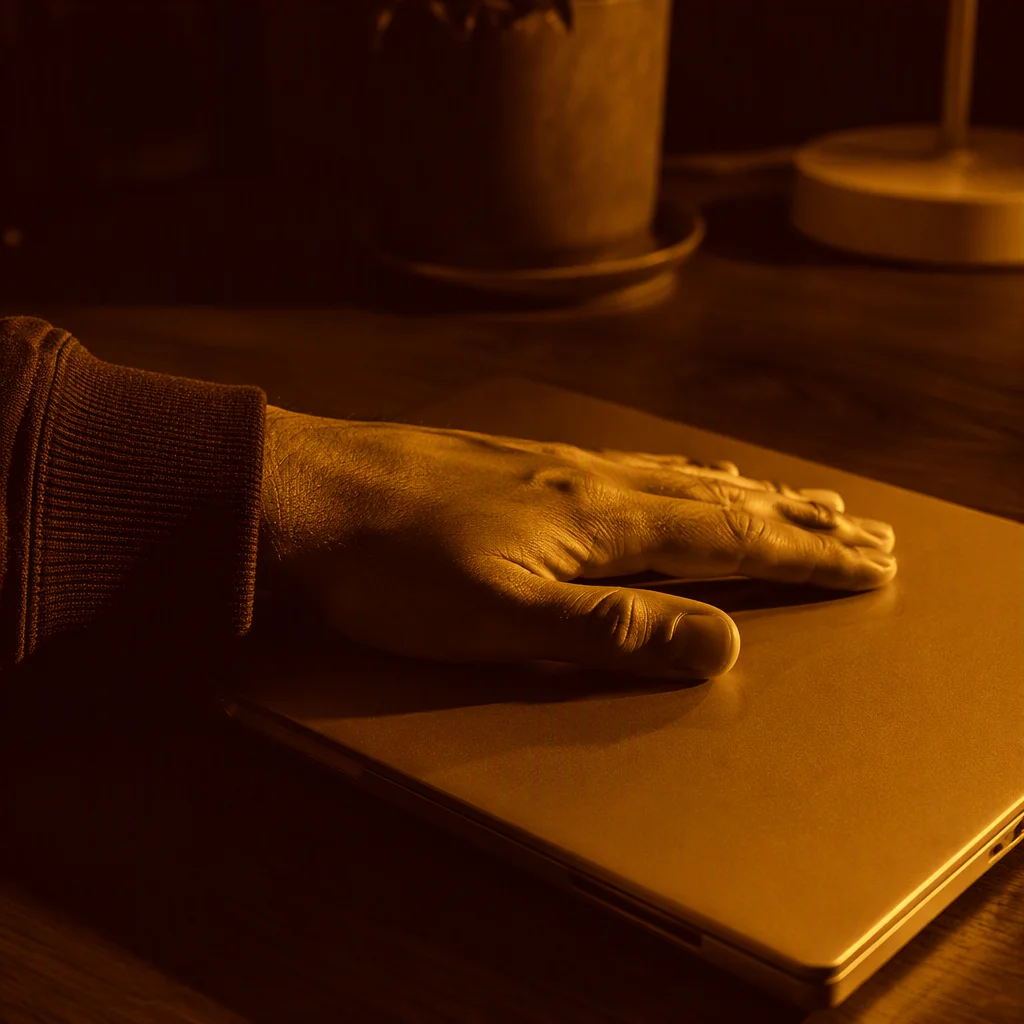 A hand resting on a closed laptop after a difficult conversation