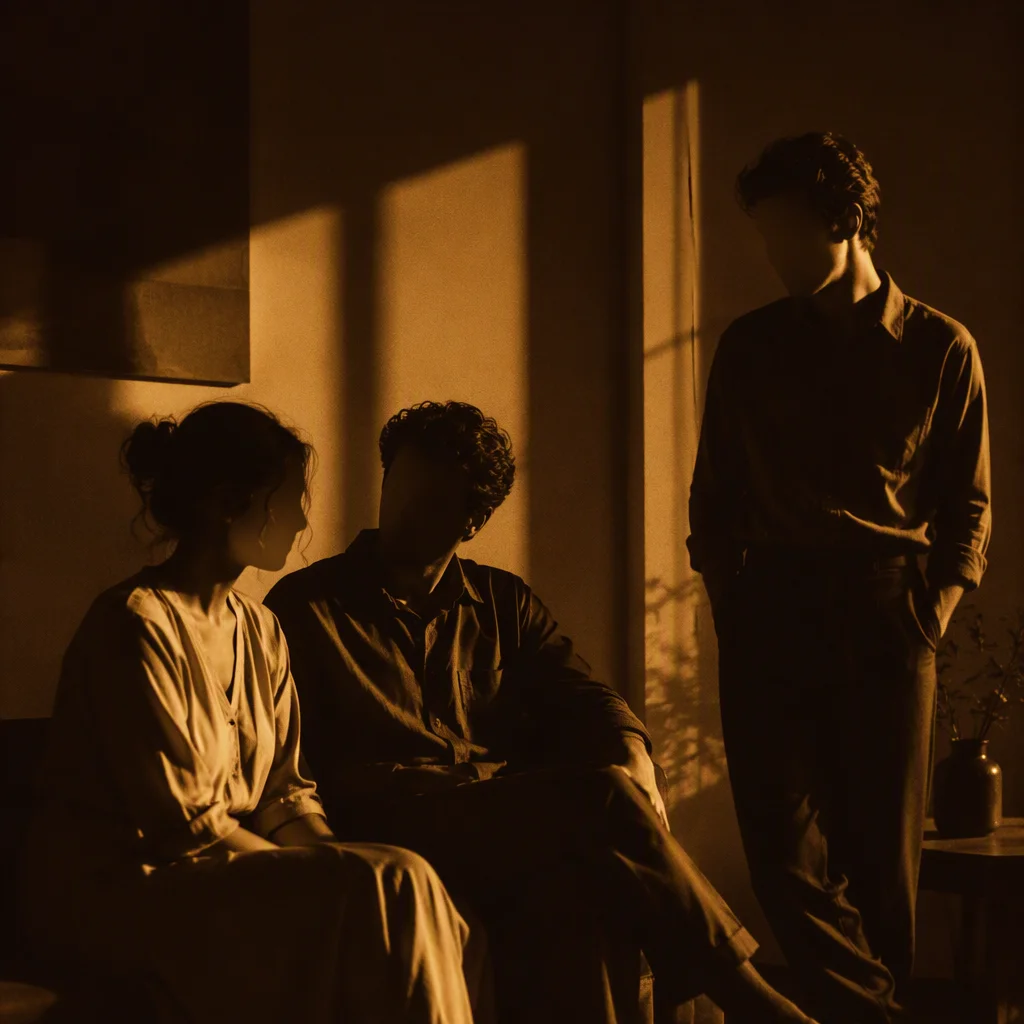 Three people in a room with one standing slightly apart from the other two