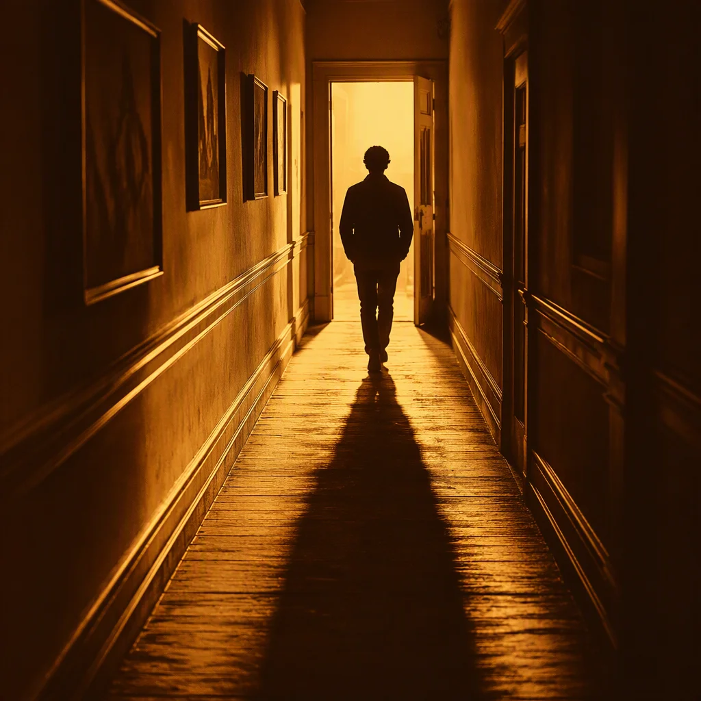 A person walking down a hallway toward a bright open doorway
