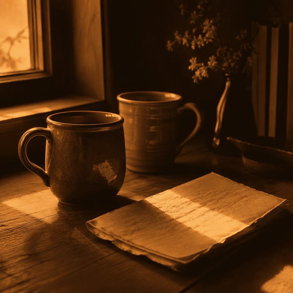 Two mugs and a folded handwritten note on a wooden table