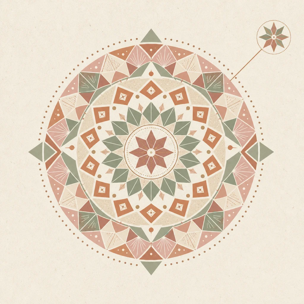 Geometric mandala with one piece linked outside the ring representing belonging in ENM