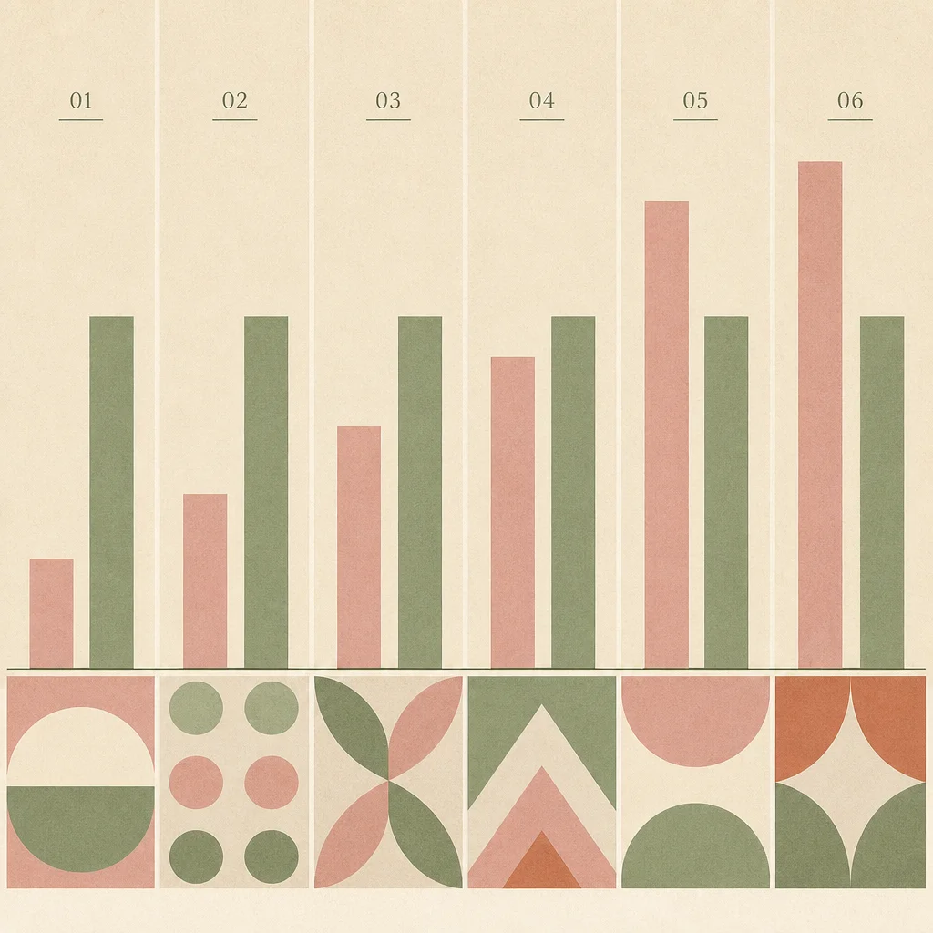 Geometric bars of changing height beside one constant bar representing an internal baseline