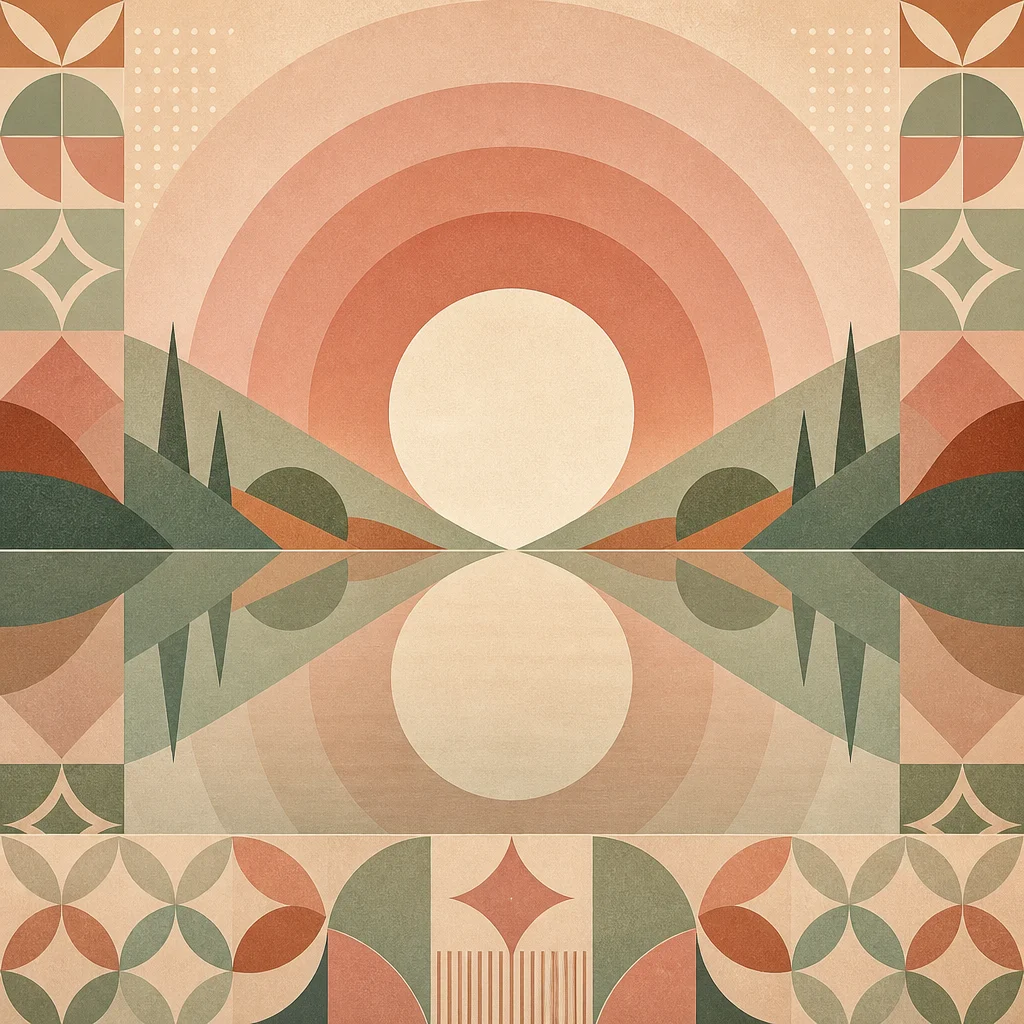 Geometric horizon with a sun disc and mirrored reflection representing grounded self-worth
