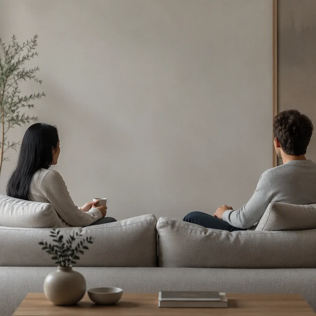 Two partners talking calmly about sharing emotional work