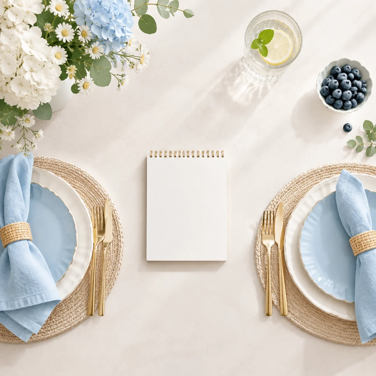 Two place settings and a notepad, symbolizing a mutual, shared relationship