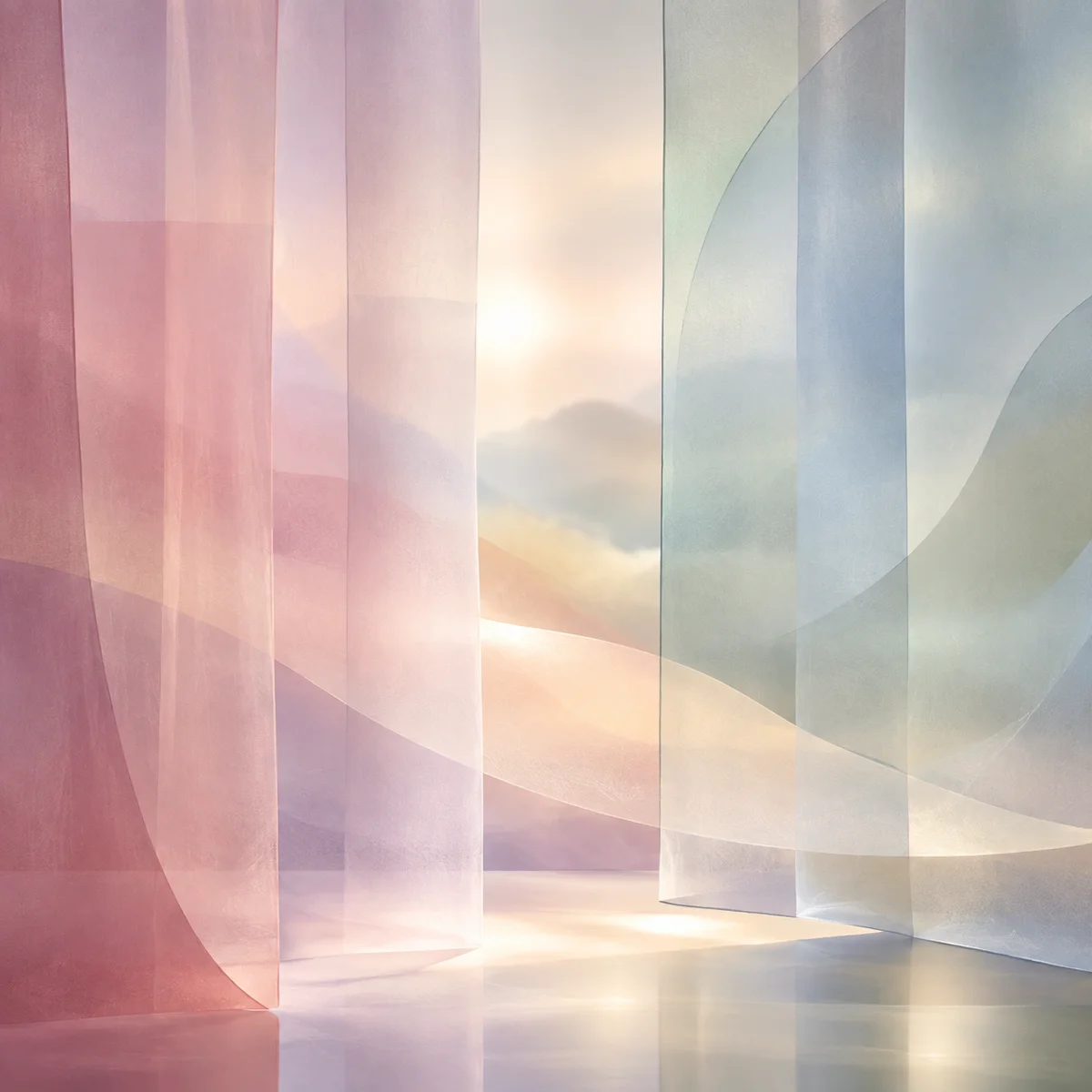 Social media privacy in non-monogamy: layered translucent panels hiding a soft glow
