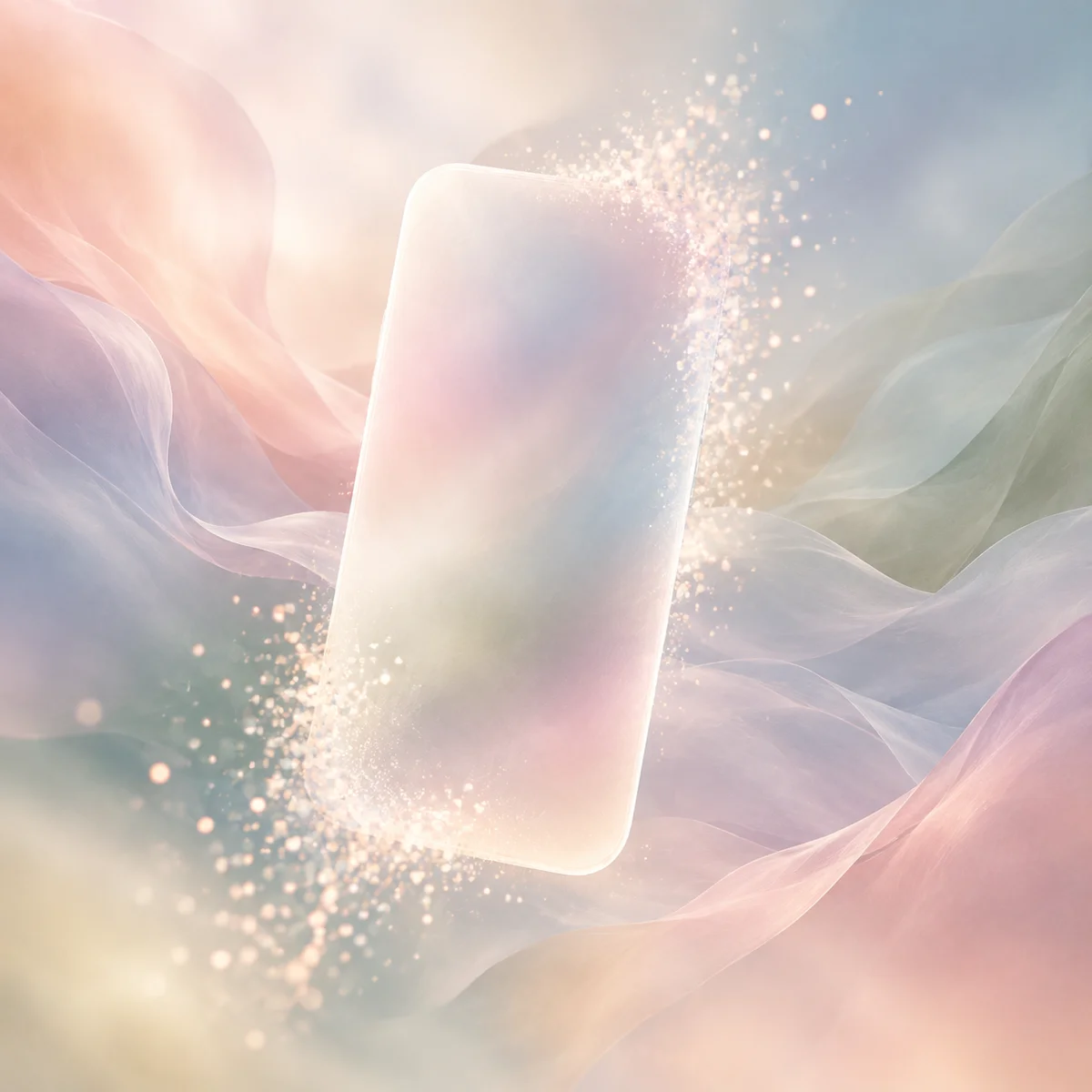 A phone shape dissolving into soft particles of light on a pastel abstract background