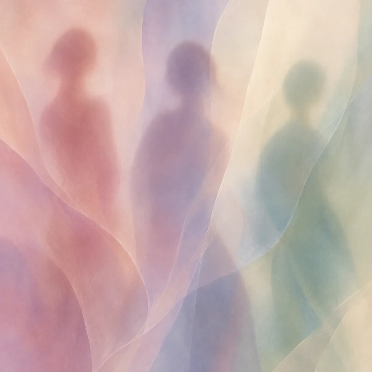 Three soft abstract silhouettes behind a translucent veil of colour