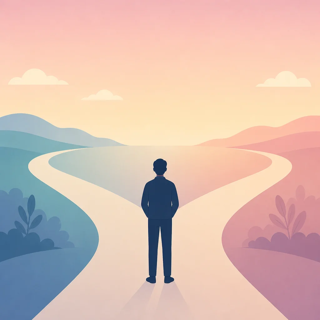 Minimalist illustration of a person at a crossroads between two paths