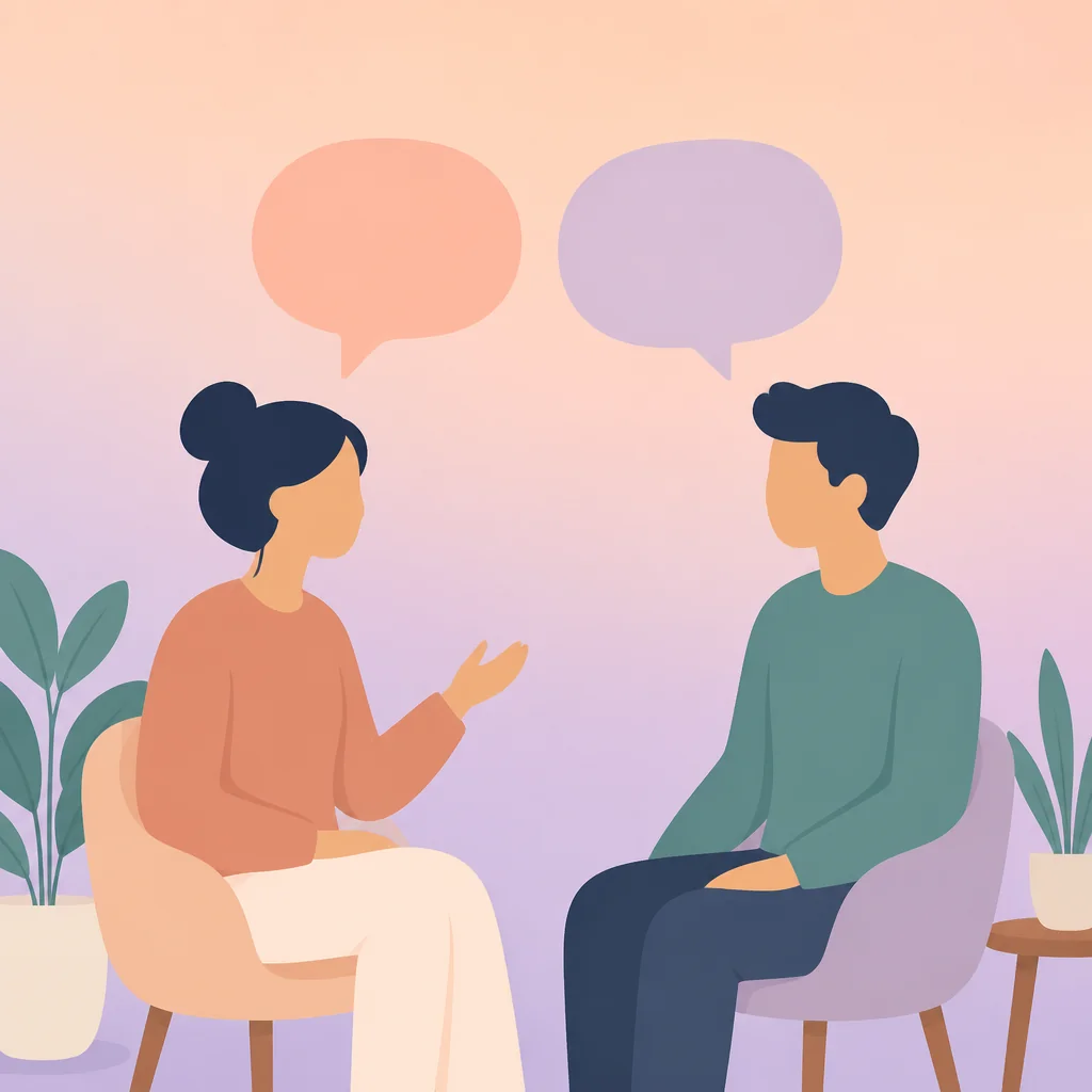 Minimalist illustration of two people having a calm conversation