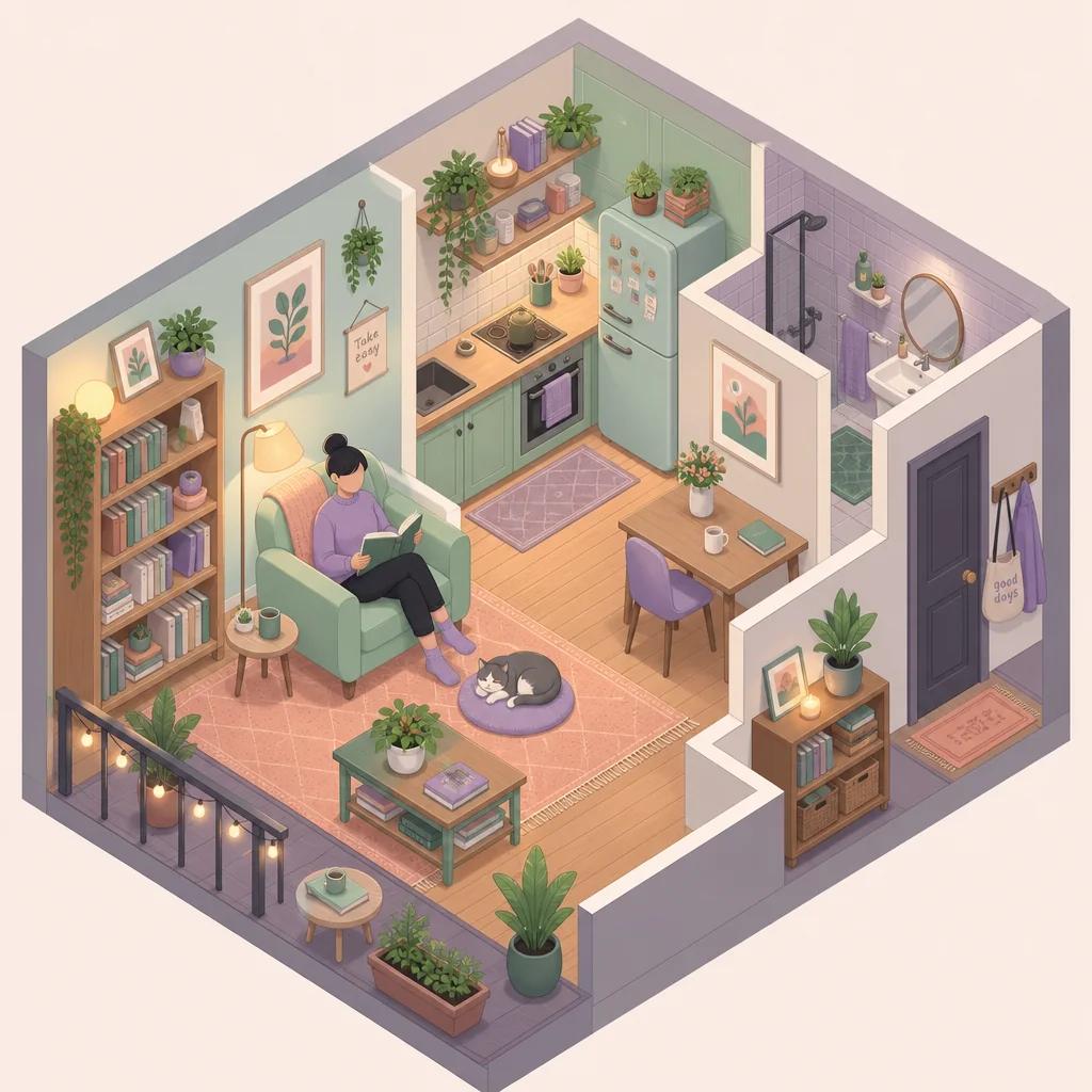 Isometric illustration of a person enjoying their own cozy apartment