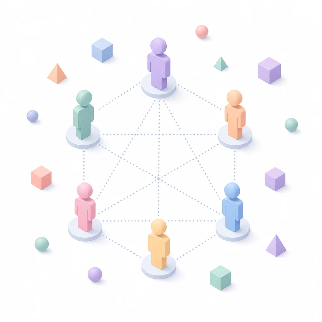 Isometric illustration of equal figures connected in a balanced network