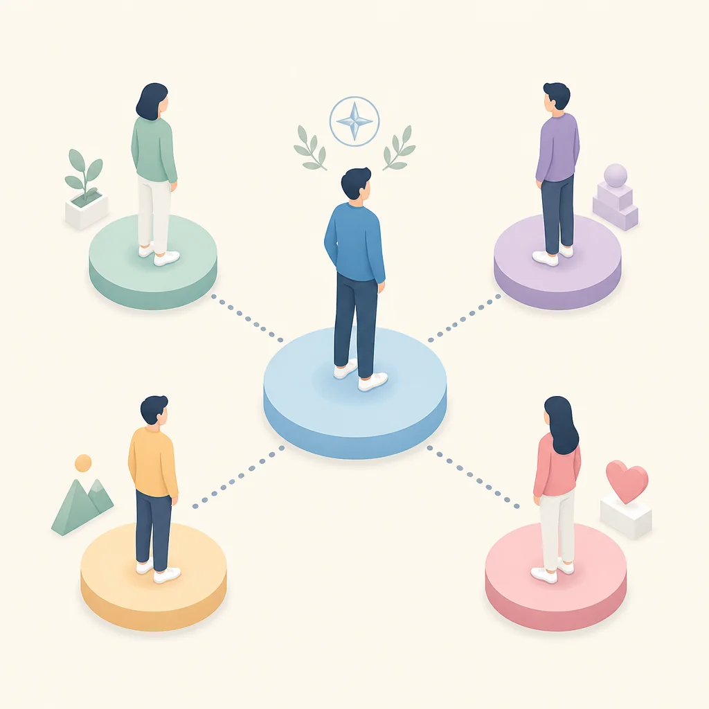 Isometric illustration of a person at the center of their own life