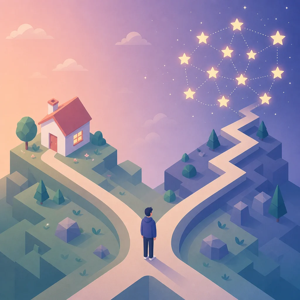 Isometric illustration of two diverging paths representing two relationship approaches
