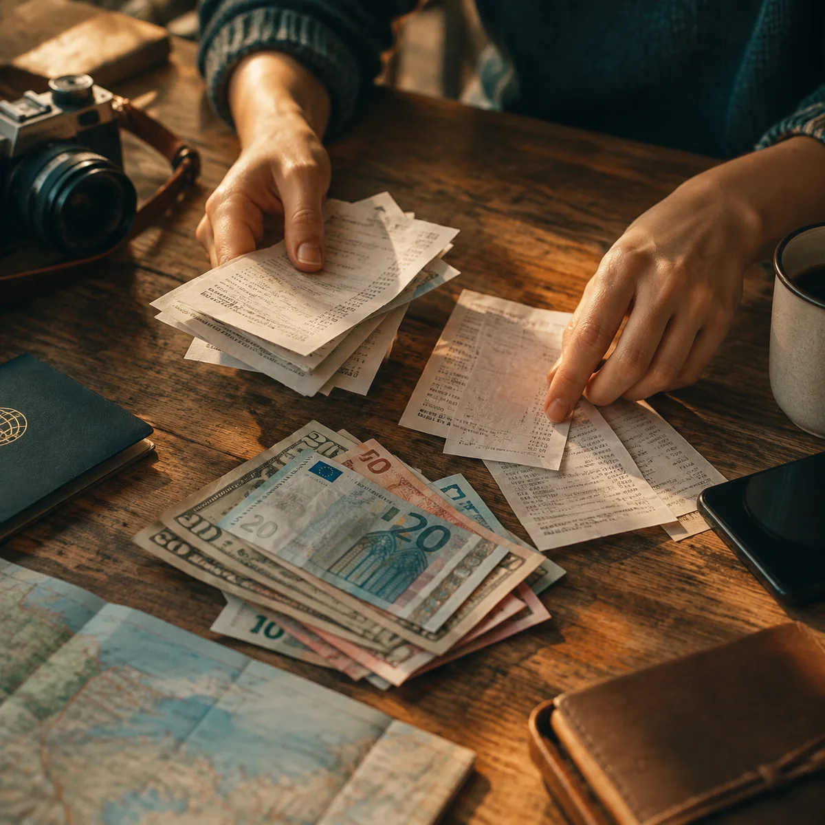 Hands dividing travel receipts and cash across a wooden table