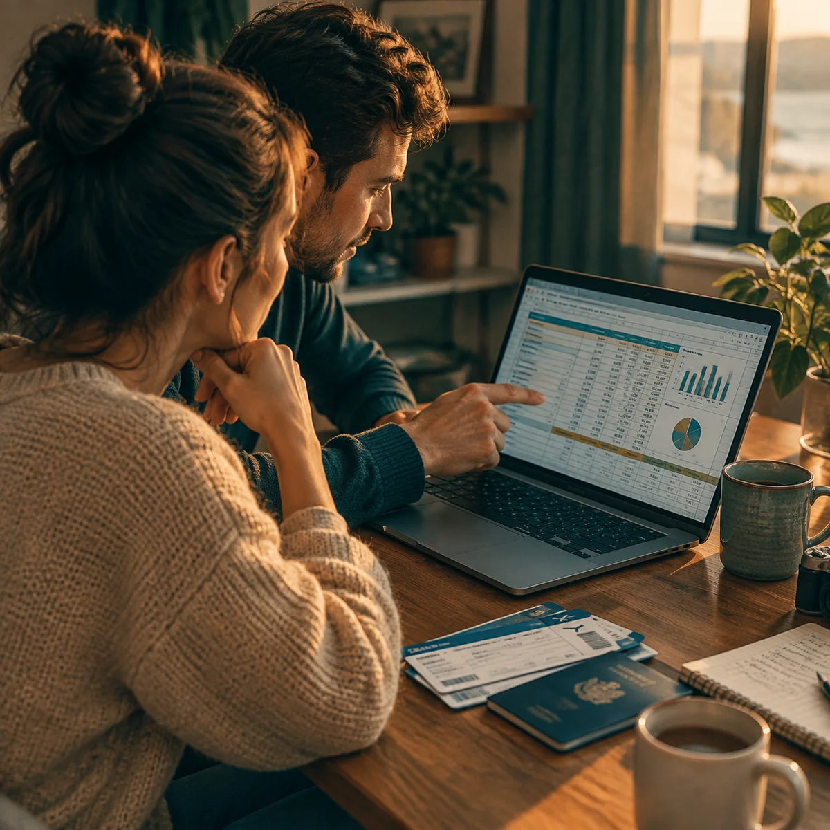 Three adults reviewing a shared travel budget spreadsheet on a laptop