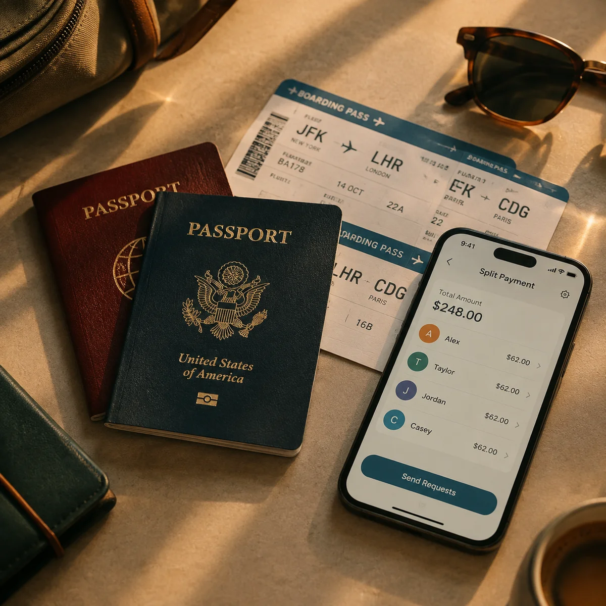 Pile of passports, boarding passes and a phone showing a payment app