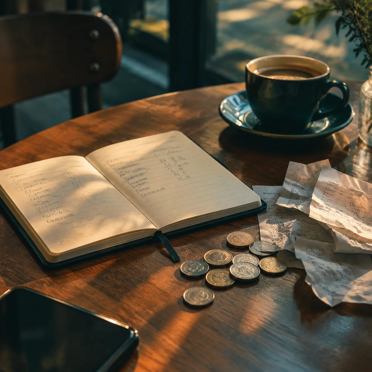 Receipts, coins and a small notebook on a cafe table