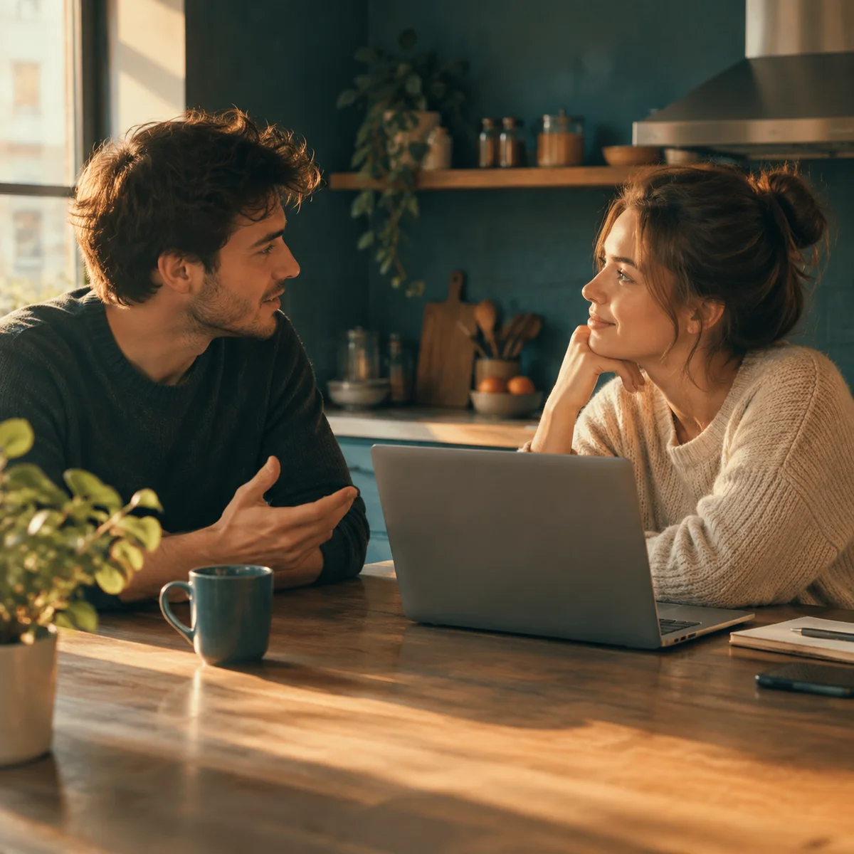 Two people talking calmly at a kitchen counter with a laptop between them