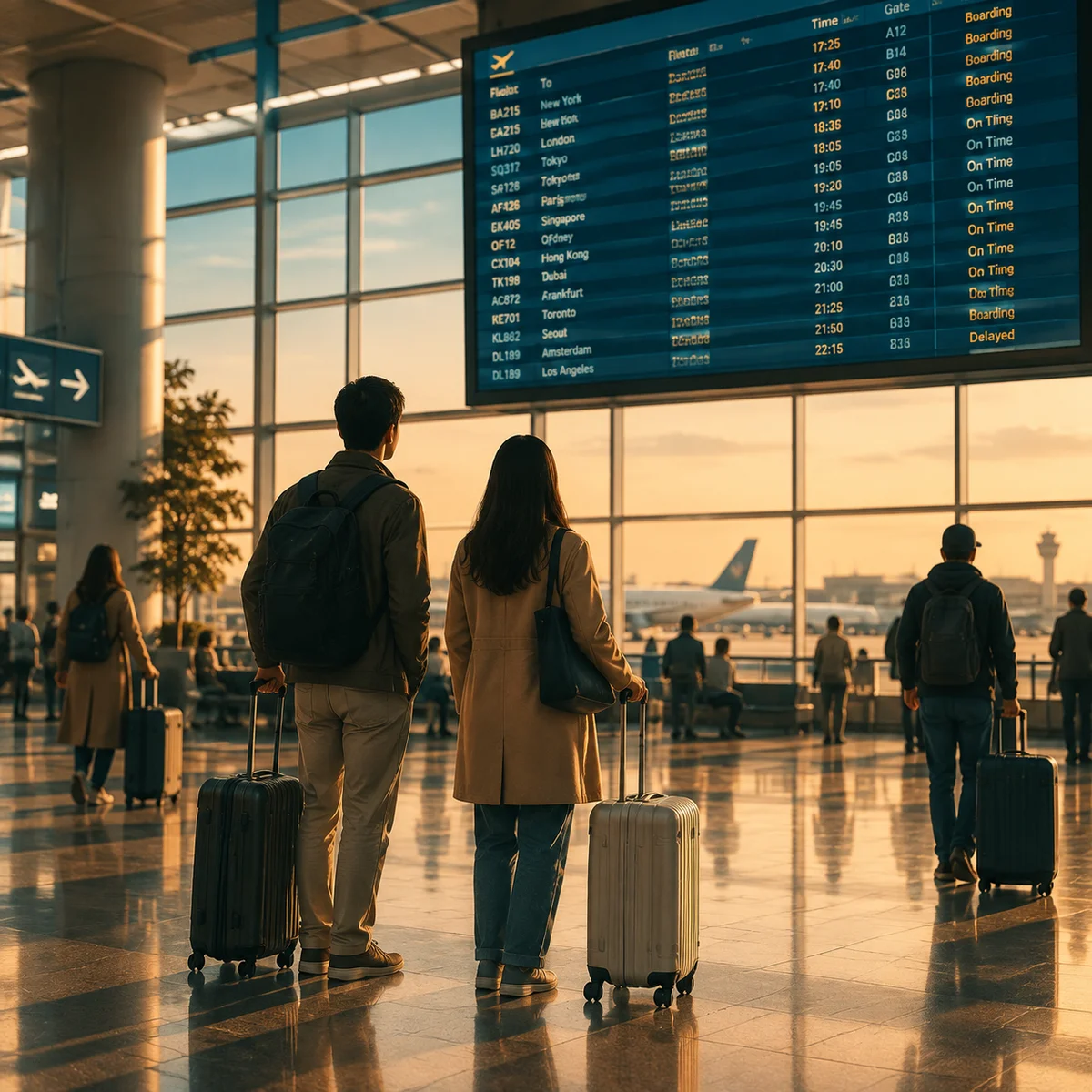 Departure board and travellers with luggage in a calm terminal