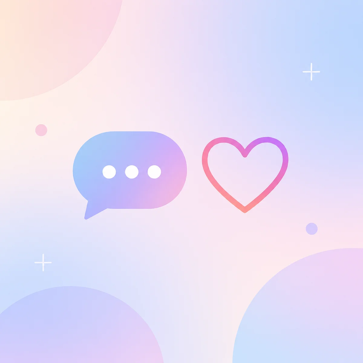 A minimal speech bubble with three dots beside a simple heart outline on a pastel gradient