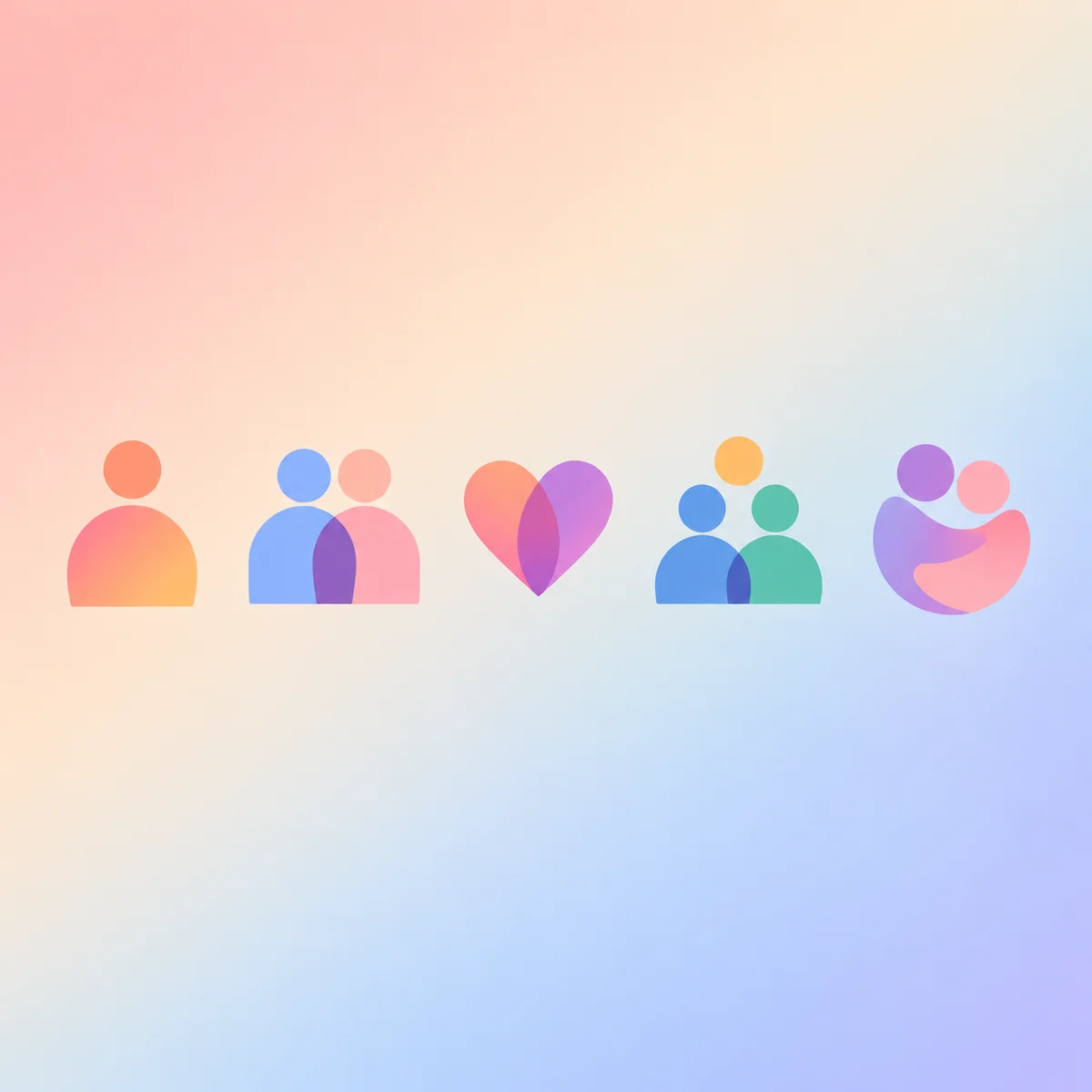 A row of five minimal icons representing different kinds of closeness on a gradient background