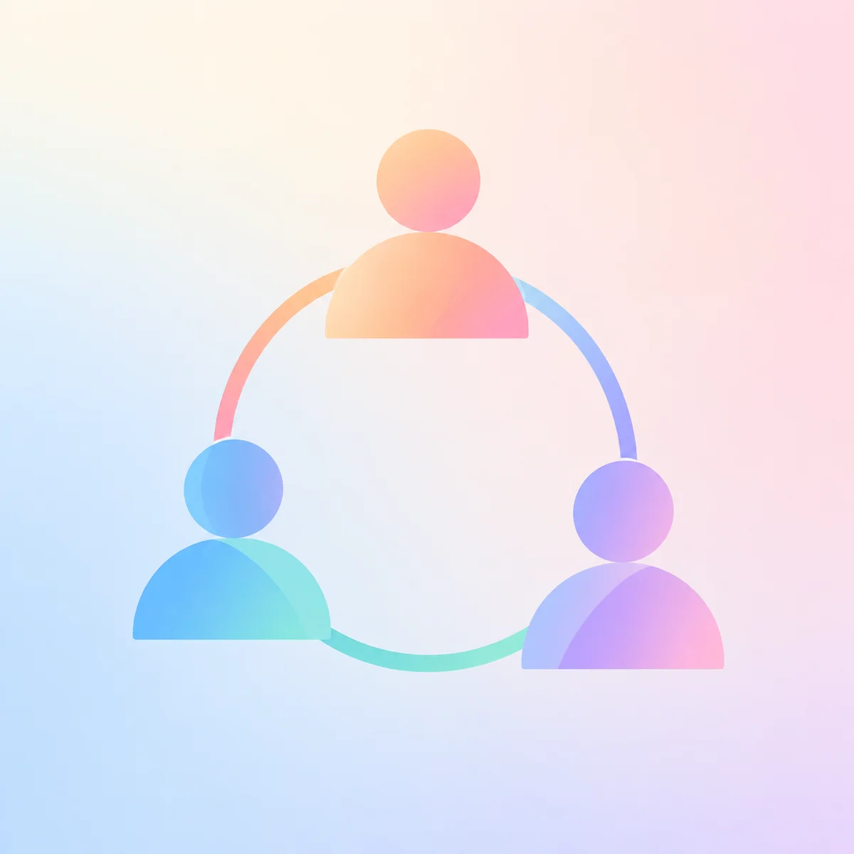 Three abstract figures linked by curved lines forming a small network on a pastel gradient