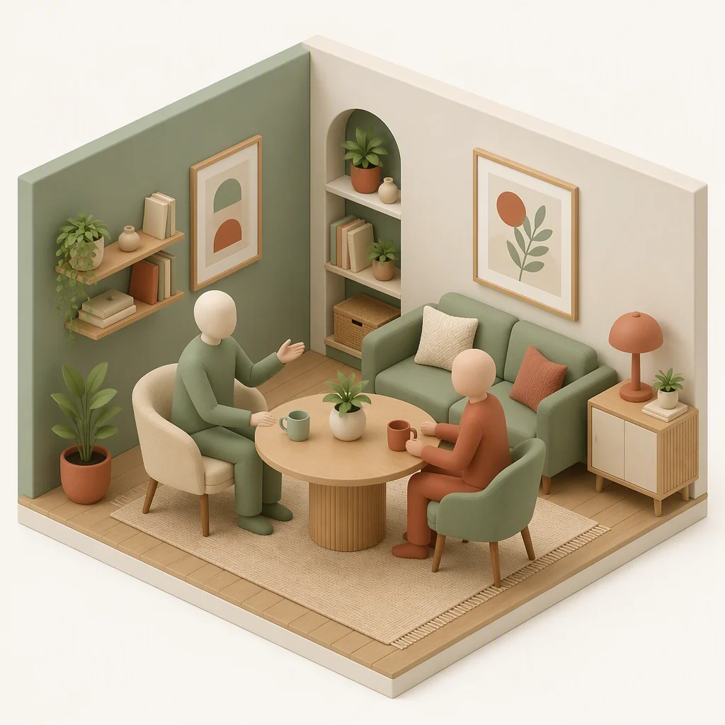 Isometric illustration of two abstract faceless figures seated at a round table in a pastel living room, adult children and non-monogamy conversation