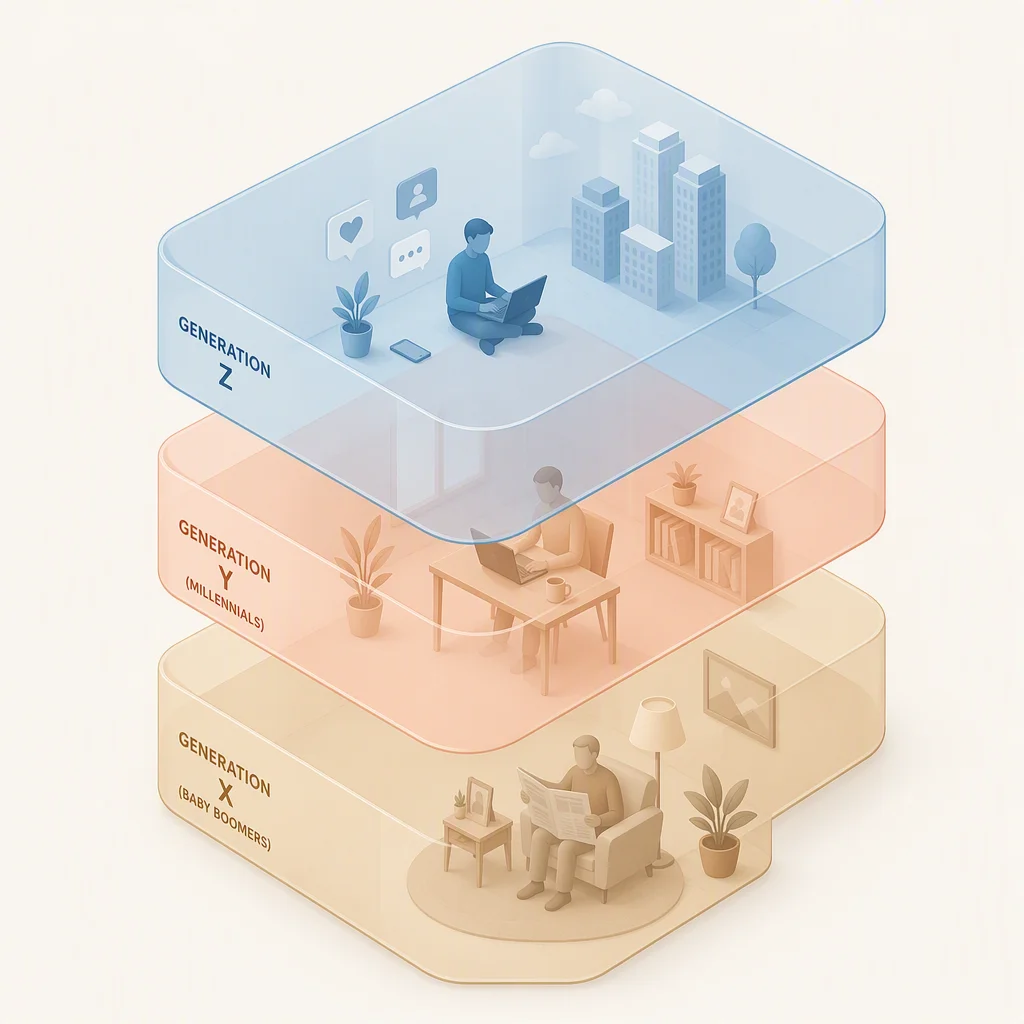 Isometric illustration of three stacked translucent rounded layers in blue peach and sand, generations and non-monogamy disclosure
