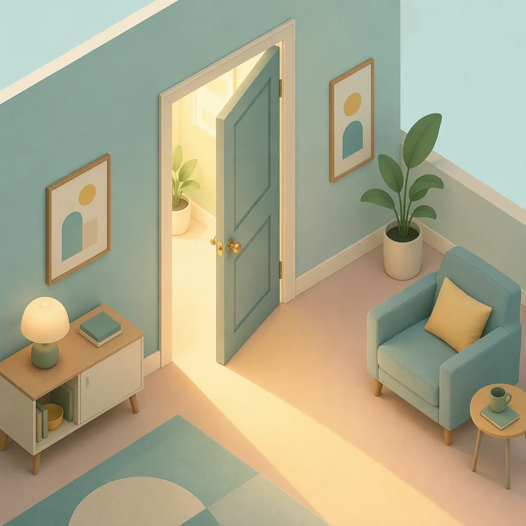 Isometric illustration of an open interior door with warm light spilling onto a pastel floor, choosing timing for disclosure