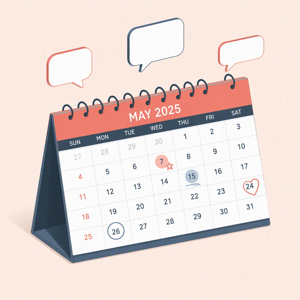 Isometric illustration of a wall calendar with marked dates and small empty speech bubbles, planning the disclosure conversation
