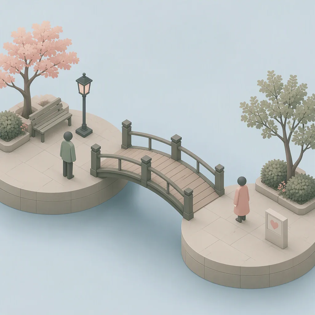 Isometric illustration of a small footbridge connecting two rounded platforms over pale blue space, repair after a difficult reaction