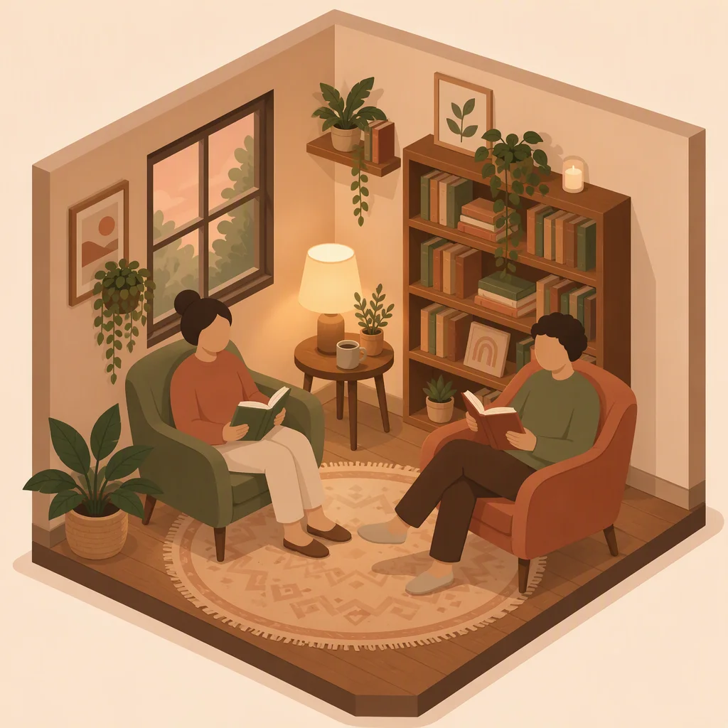 Isometric illustration of a reading nook with two chairs angled together and a warm lamp, ongoing family conversation about non-monogamy