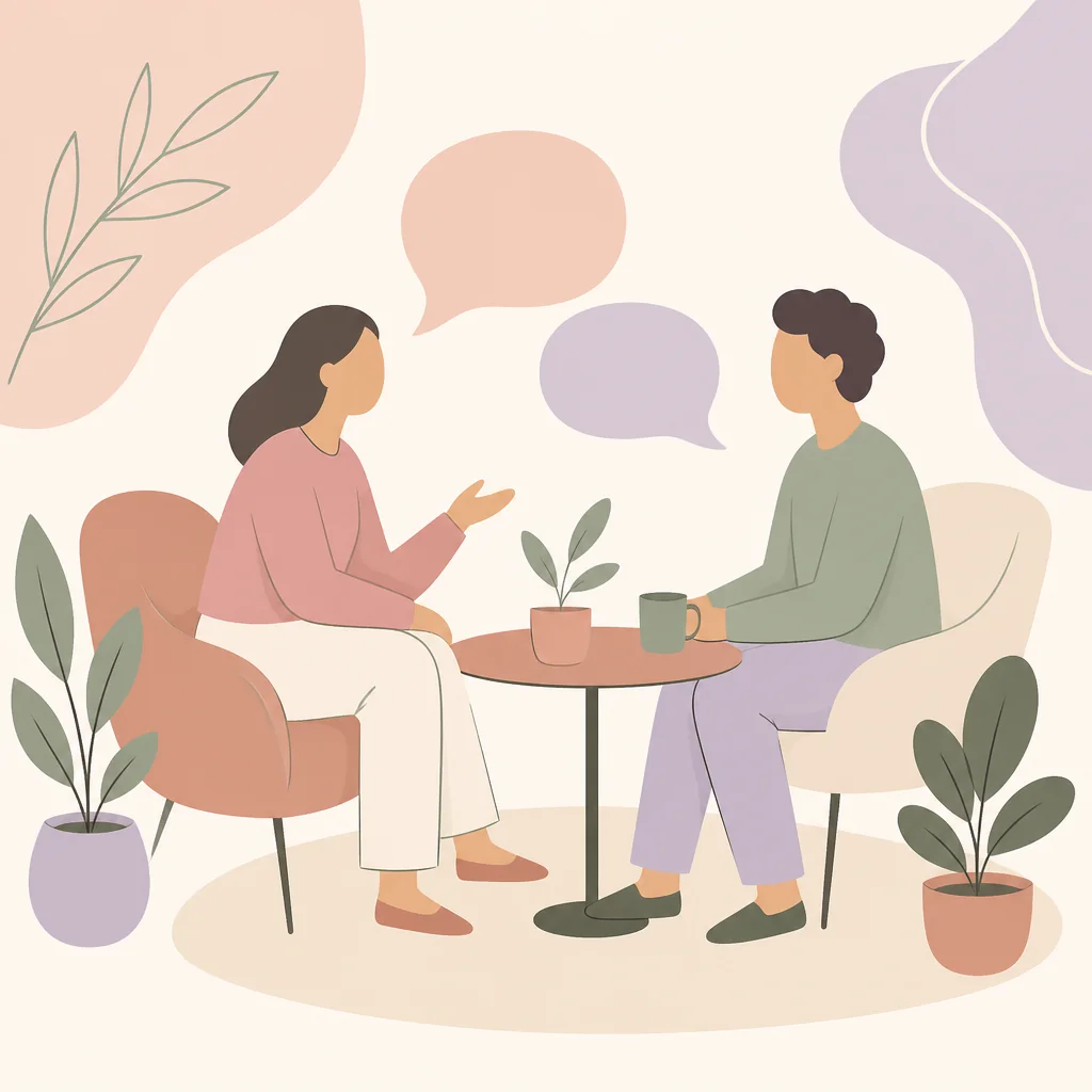 Flat vector illustration of two faceless seated figures with speech shapes between them