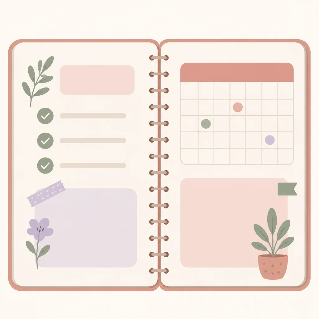Flat vector notebook page with rounded icons and a calendar grid for planning a conversation
