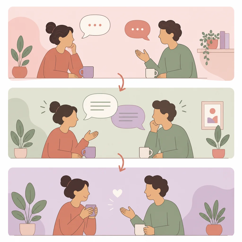 Flat vector panels connected by a curved arrow showing a conversation unfolding step by step