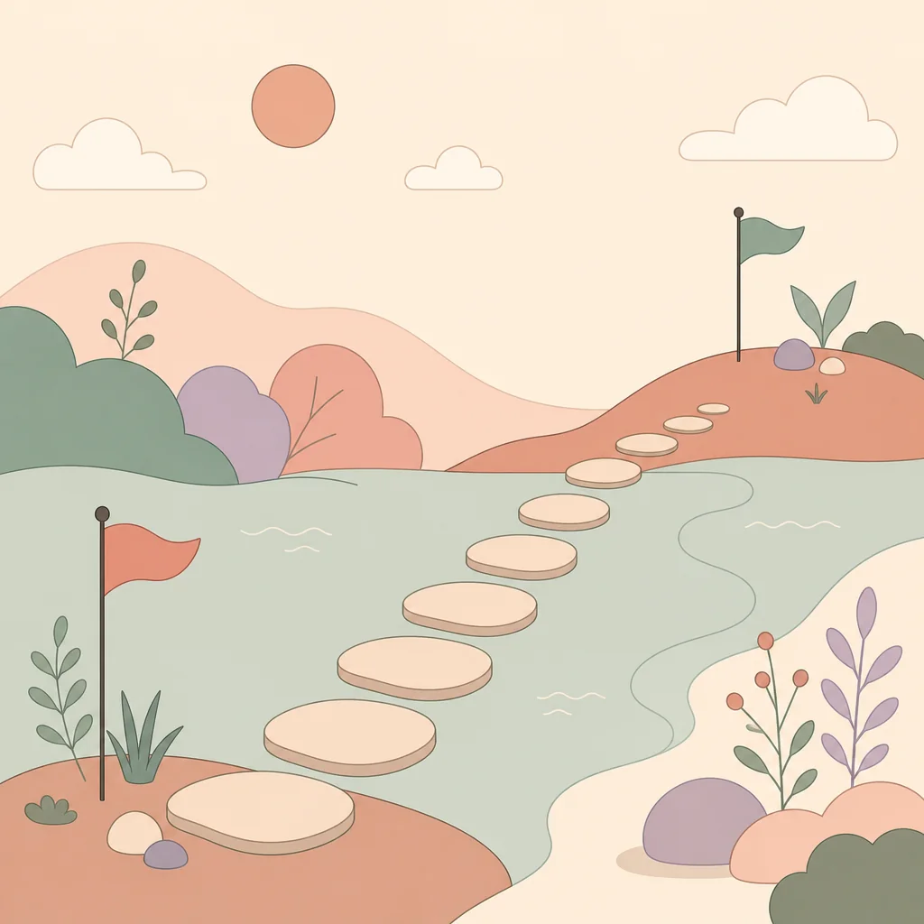 Flat vector stepping stones crossing a calm abstract landscape representing a gradual conversation