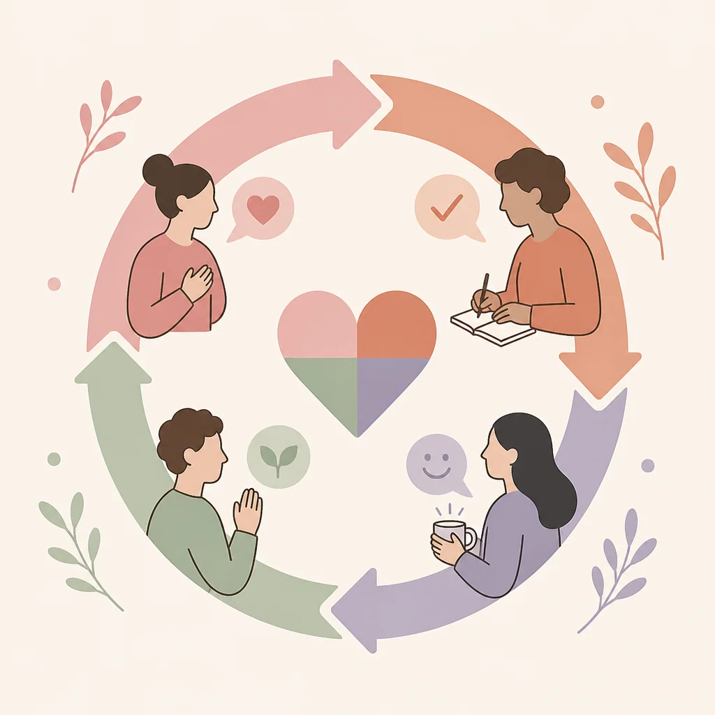 Flat vector circular arrow around a small geometric heart representing ongoing check-ins