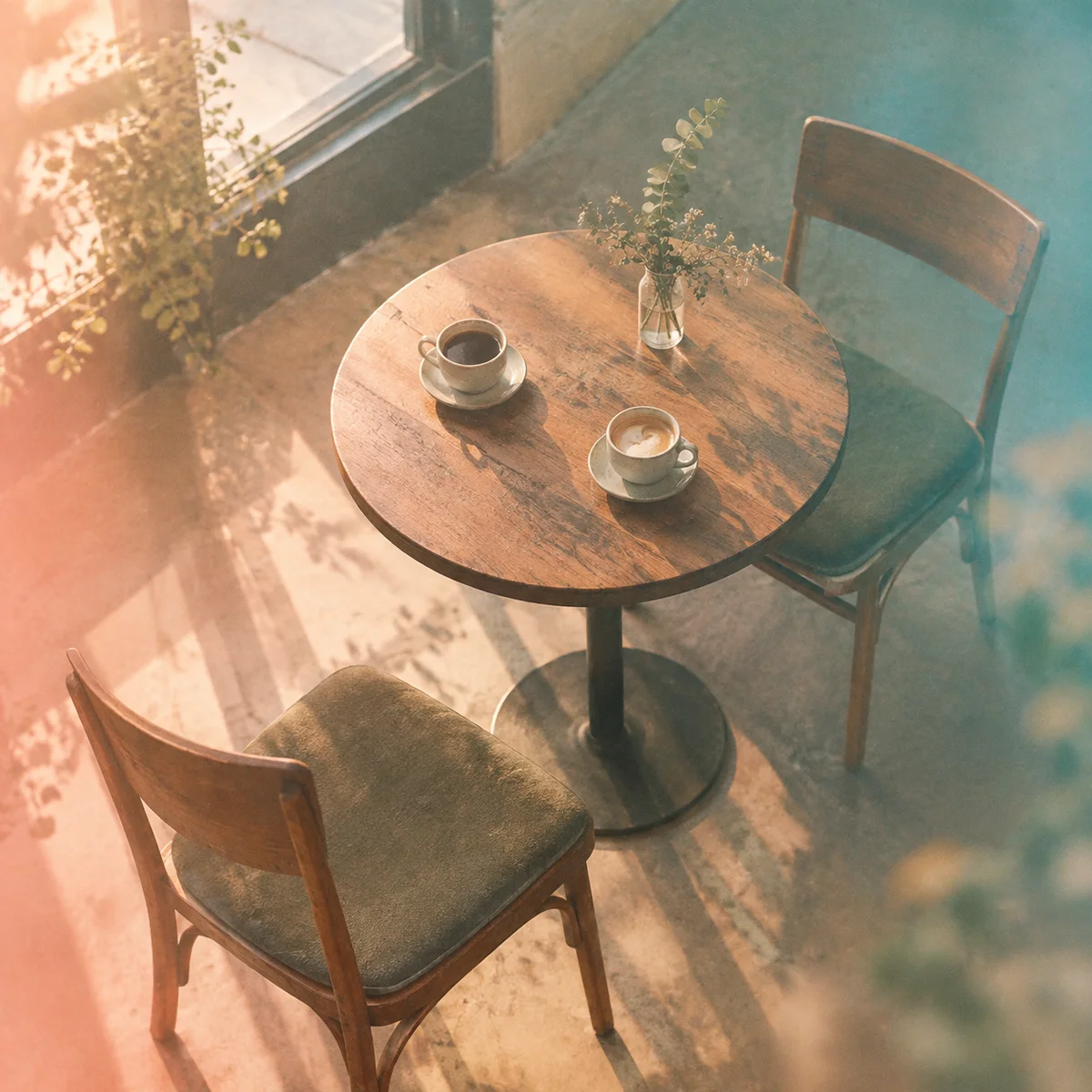 Two ceramic cups on a small cafe table with one chair angled away, editorial photography with pastel overlay
