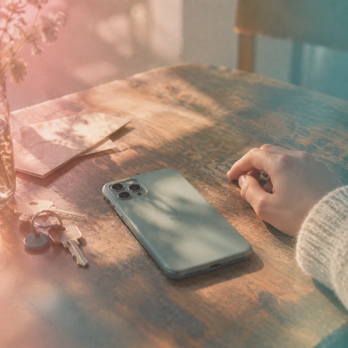 A phone lying face down on a wooden table beside a hand, keys and a folded note, editorial pastel photography