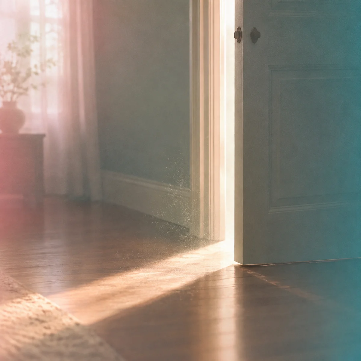 A half open interior door with light spilling onto a wooden floor, no person visible, editorial pastel photography